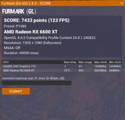 Zrzut ekranu z wynikami testu FurMark dla karty AMD Radeon RX 6600 XT.