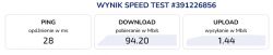 Wynik testu prędkości internetu pokazujący opóźnienie 28 ms, pobieranie 94,20 Mb/s, wysyłanie 1,44 Mb/s.