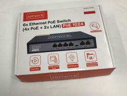 Box labeled “zenwire” 6x Ethernet PoE Switch (PoE 1024) on a light background