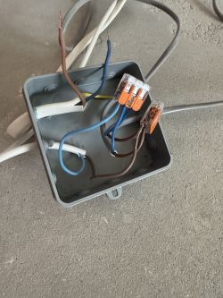 Skrzynka elektryczna z podłączonymi przewodami w kolorach brązowym i niebieskim.