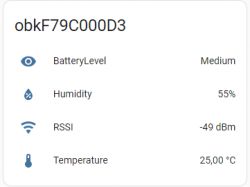 Information panel displaying battery level, humidity, RSSI, and temperature.
