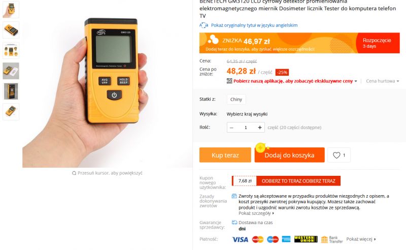 BENETECH GM3120 - tani chiński miernik pola elektrycznego i elektromagnetycznego BENETECH GM3120 - tani chiński miernik pola elektrycznego i elektromagnetycznego