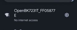 Phone message indicating no internet access for Wi-Fi network OpenBK7231T_FF05877.