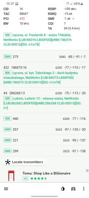 Zrzut ekranu z aplikacji pokazujący szczegóły połączeń sieciowych, w tym parametry sygnału stacji bazowych BTS.