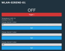 Screenshot of the WLAN-SIRENE-01 interface with Toggle 1 button and channel settings options.