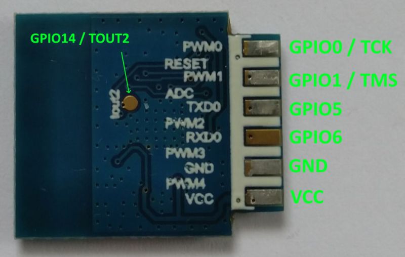 Blue PCB module with GPIO labels and right-side connector; green text lists GPIO0, GPIO1, GND, VCC
