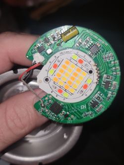 LED Glow Ray Circuit Board Close-up of an LED light circuit board with visible electronic components.
