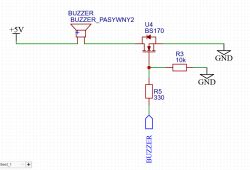Schematic fragment: 5V buzzer driven by BS170 MOSFET with 10k pull-down and 330Ω gate resistor