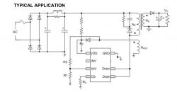 Typical Flyback Converter Application Schematic Typical flyback converter application schematic with components and connections.