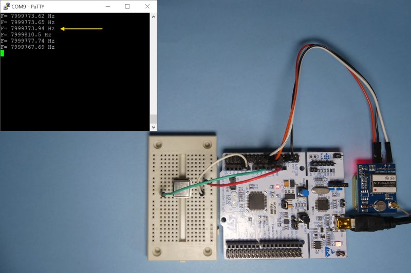 Widok stanowiska testowego z płytką STM32 Nucleo, płytką prototypową z generatorem oraz modułem GPS NEO-7M. W lewym górnym rogu okno terminala z odczytem częstotliwości.