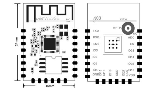 Diagram of the WE3SE module with pin labels and dimensions.