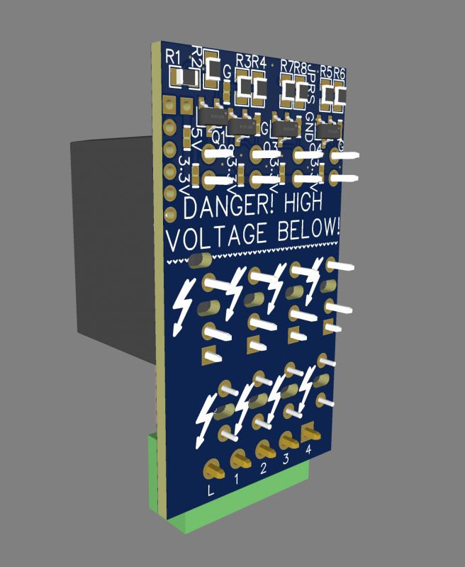 Render of a printed circuit board with high voltage markings.