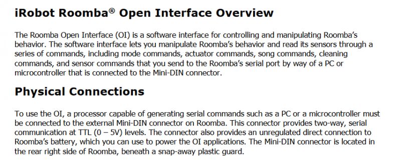 iRobot Roomba Open Interface Documentation Screenshot of iRobot Roomba Open Interface documentation.