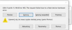 Zrzut ekranu błędu dysku z komunikatem WinError 483 i opcjami wyboru.