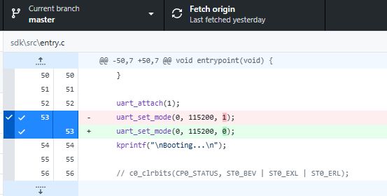 Code snippet showing UART parity setting changed in entry.c file