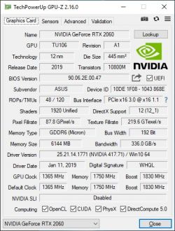 Zrzut ekranu programu GPU-Z pokazujący specyfikacje karty graficznej NVIDIA GeForce RTX 2060.
