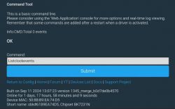 Screenshot of a command line tool displaying the command Listclockevents with a Submit button.