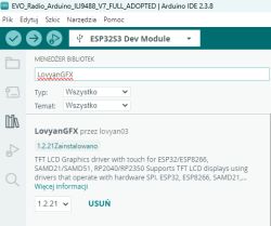 Arduino IDE Library Manager showing “LovyanGFX” with version 1.2.21 marked as installed.