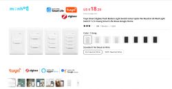 White Zigbee Wall Switches on Manhot Store Page Four white wall switches with varying numbers of buttons are shown on an online store page.