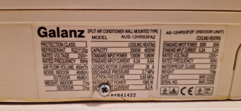 Galanz Air Conditioner Label Galanz air conditioner label with technical specifications.