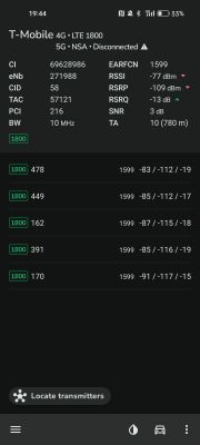 Ekran aplikacji NetMonster pokazujący parametry sieci LTE 1800 T-Mobile, w tym RSRP, RSRQ, SNR, TA i listę sąsiednich komórek.