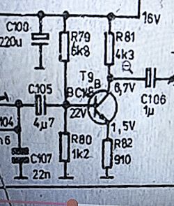 Fragment schematu z tranzystorem T9, rezystorami i kondensatorami