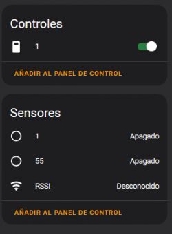 Control panel with controls and sensors Screenshot of control panel displaying controls and sensor information.