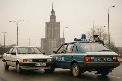 A Polish Militia Polonez stops a white Audi 80 in front of the Palace of Culture and Science, PRL era.