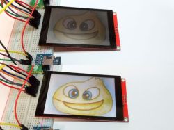 Two photos of a TFT display module on a breadboard with wires, showing a cartoon face with different brightness