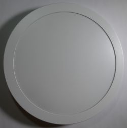 Okrągły biały panel z szeroką ramką na jasnym tle, ujęcie z góry
