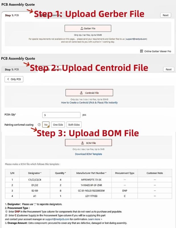 NextPCB interface with three steps: upload Gerber, Centroid, and BOM files
