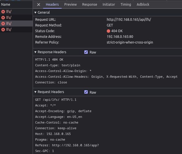 Screenshot of a developer tool showing headers for a failed HTTP request.