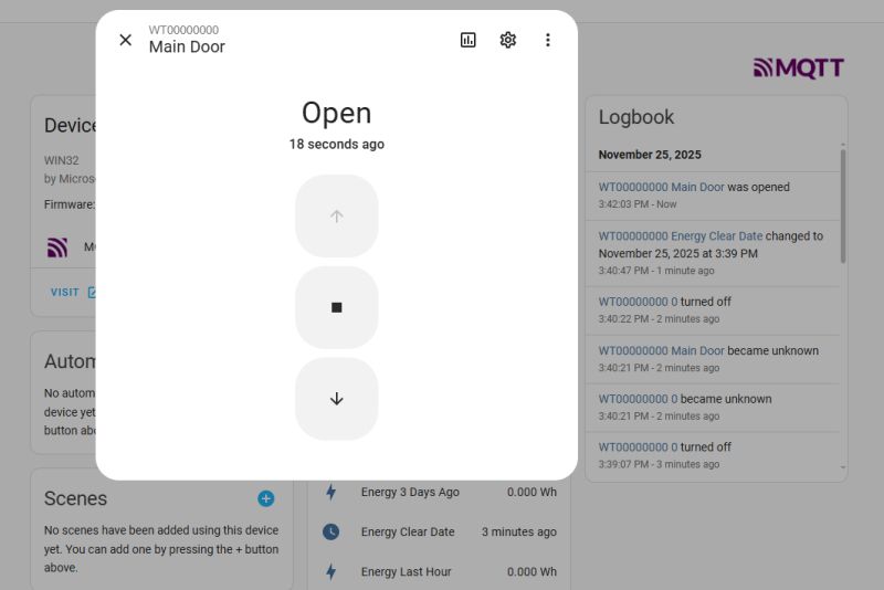 Main Door control panel displaying Open state with directional control buttons.