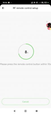 RF remote control setup screen with countdown timer and cat icon.