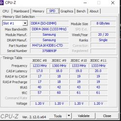 Zrzut ekranu z programu CPU-Z przedstawiający specyfikację pamięci RAM w laptopie.