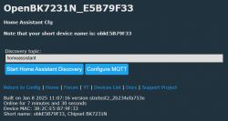 Screenshot of the OpenBK7231N interface with Home Assistant and MQTT configuration options.