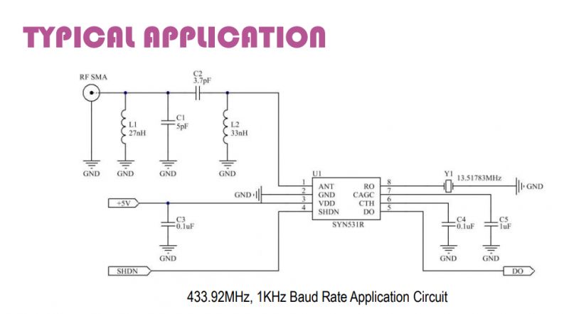 Circuit diagram of SYN531R application for RF signal reception.