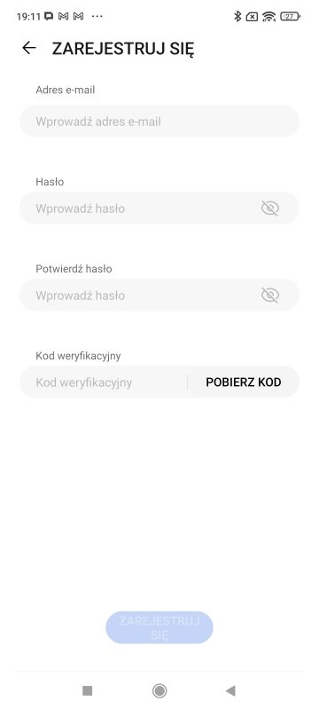 Ekran rejestracji w aplikacji Smart Life ZTE z polskimi polami do wypełnienia