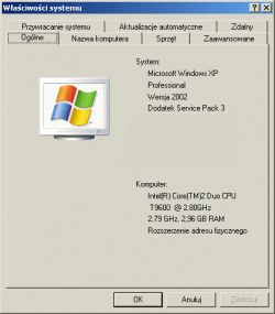 Okno właściwości systemu Windows XP z danymi o systemie i komputerze.