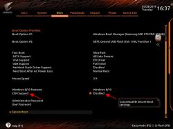 Ekran BIOS z zaznaczoną opcją Windows 8/10 Features ustawioną na Disabled
