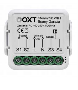 Sterownik WiFi OXT do bram garażowych z oznaczeniami złączy i zasilania.