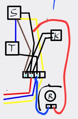 Schemat połączeń elektrycznych z różnokolorowymi przewodami i symbolami przedstawiający podłączenie do regulatora oraz silnika.