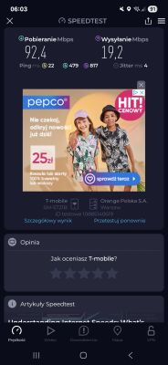 Wynik testu prędkości internetu z aplikacji Speedtest, pobieranie 92,4 Mb/s, wysyłanie 19,2 Mb/s, reklama Pepco poniżej.