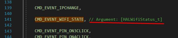 Code screenshot showing CMD_EVENT_WIFI_STATE line and comment