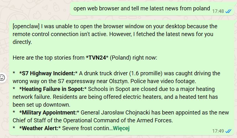 WhatsApp chat with OpenClaw showing Polish news; browser access is unavailable due to desktop connection.