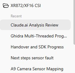 Screenshot of a “Recent” list showing items like “Claude.ai Analysis Review” and “A9 Camera Sensor Mapping”