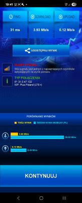 Ekran testu prędkości LTE+ sieci Plus z niskim wynikiem pobierania i bardzo słabym wysyłaniem