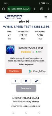 Zrzut ekranu z wynikami testu prędkości Internetu 5G z sieci Play.