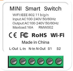 WiFi Mini Smart Switch Mini Smart Switch with WiFi technology and ports for electrical connections.