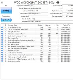 Informacje SMART o dysku WDC WD5000LPVT 500 GB.